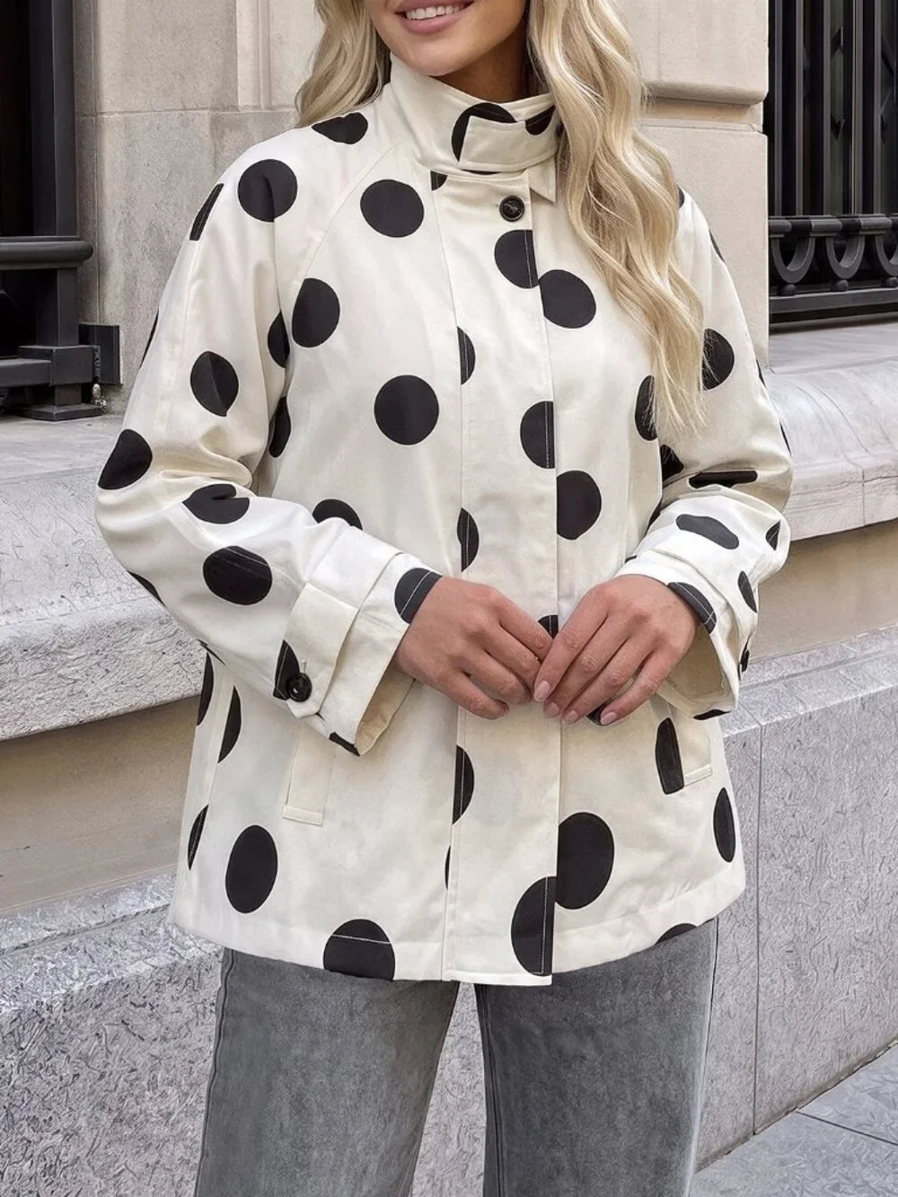 Black And White Casual Women's Polka Dot Print Raglan Long Sleeve Jacket